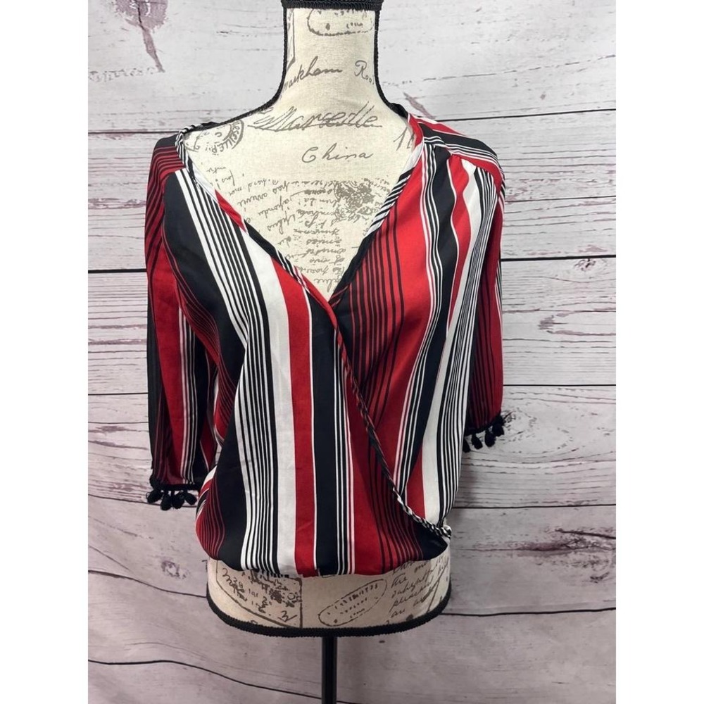 Lavender‎ Field Red Black White Striped Small Blouse Polyester USA